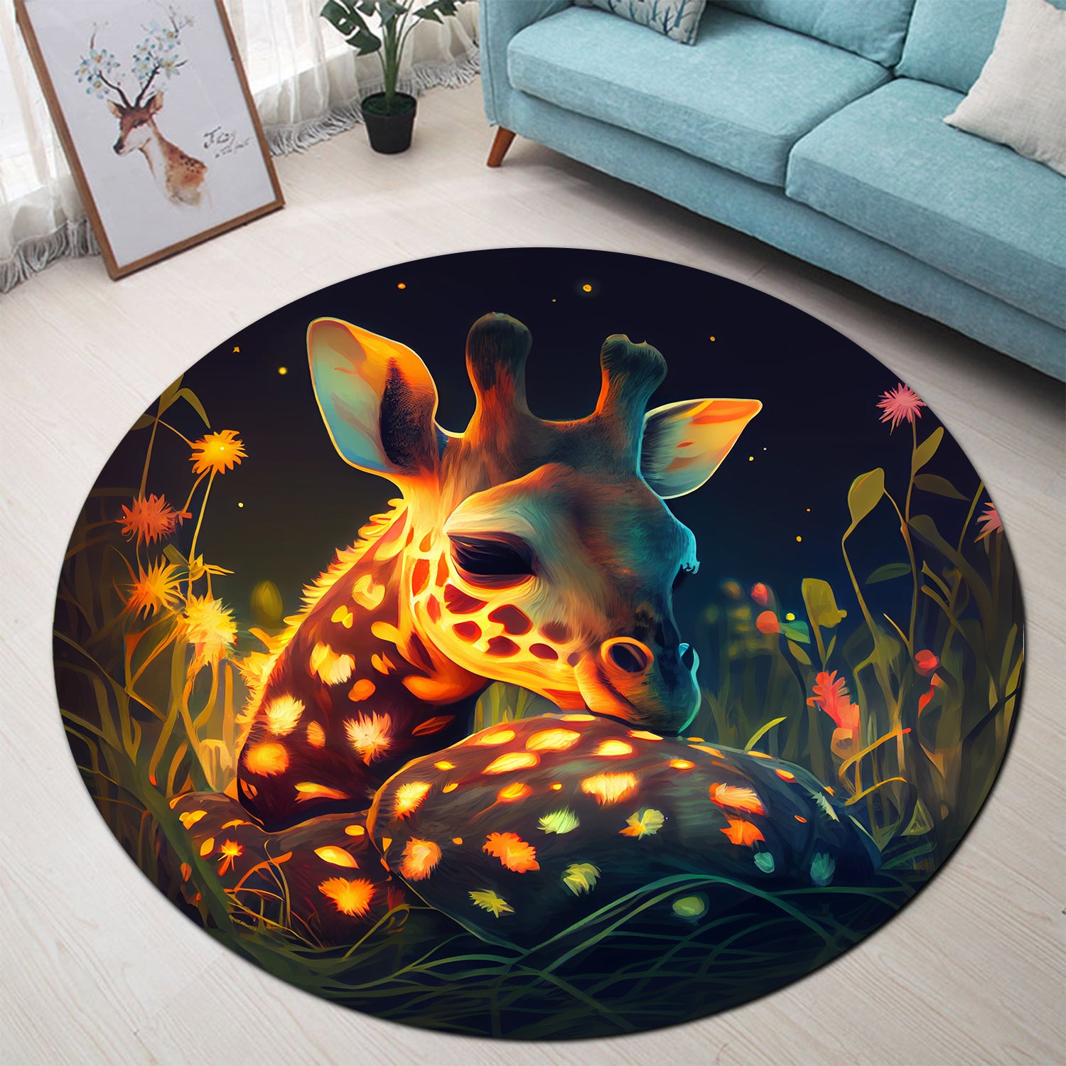 Cute Baby Giraffe Round Carpet Rug for Bedroom Living Room Decor