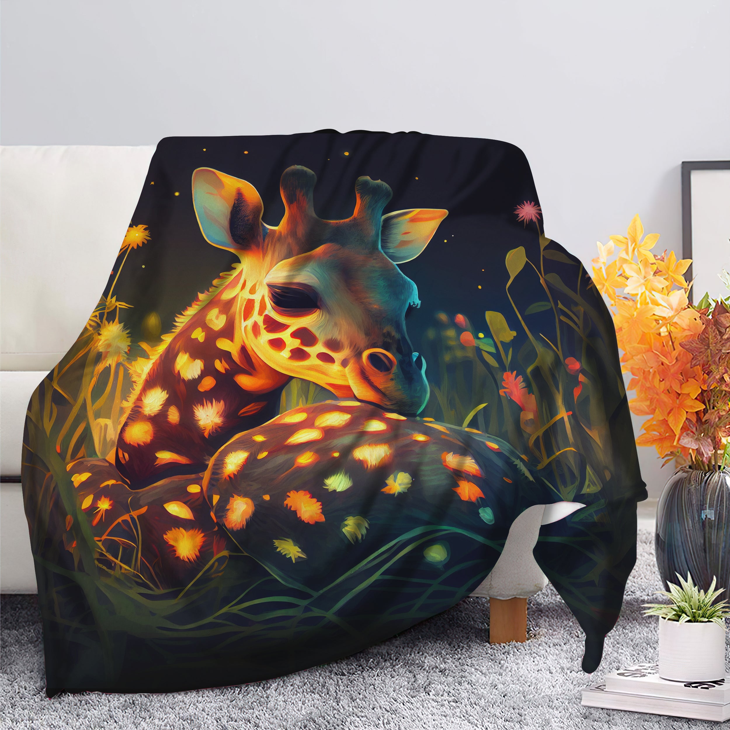 Cozy Baby Giraffe Premium Blanket with Fireflies and Moonlight Design