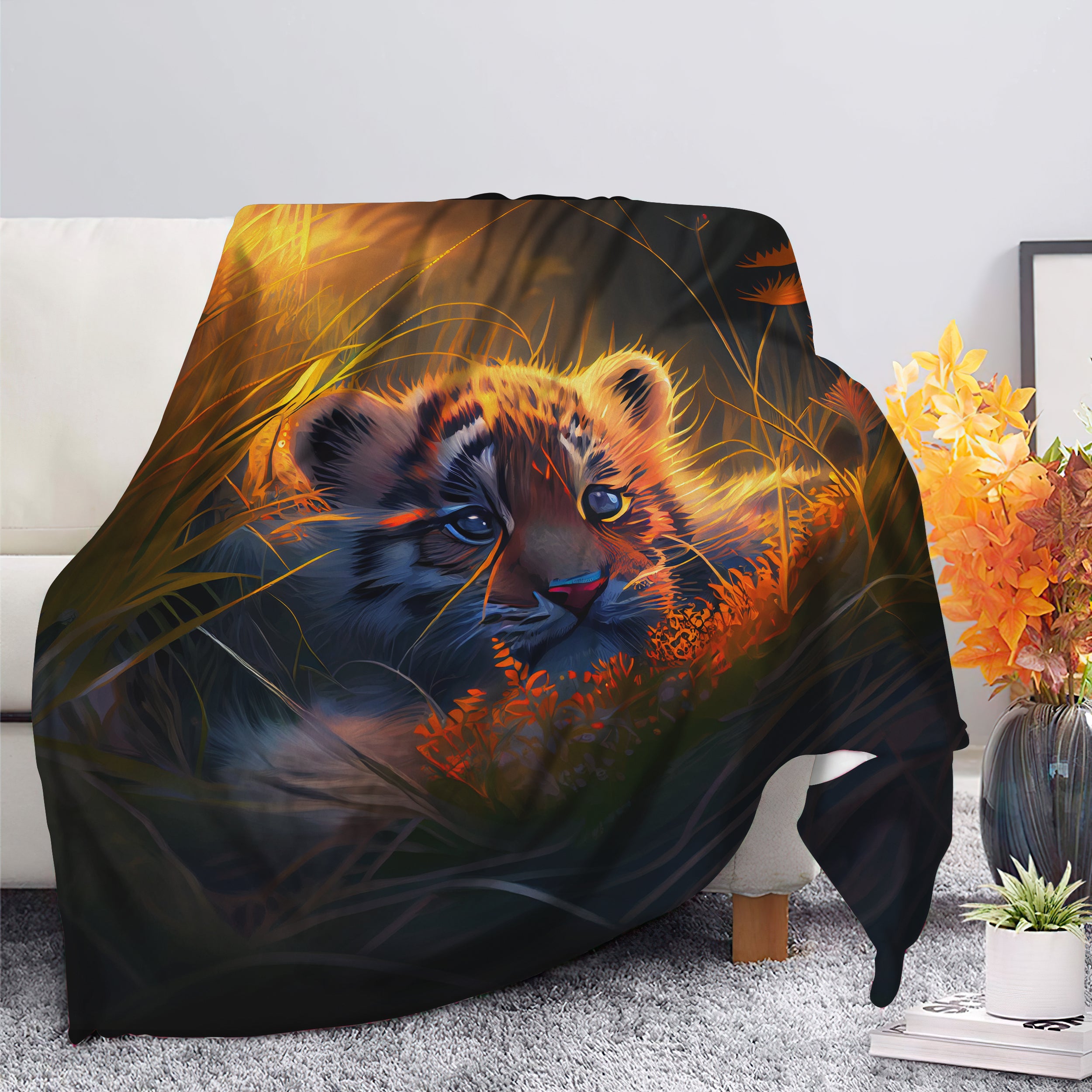 Cute Baby Tiger Blanket with Fireflies in Moonlight - Cozy & Premium