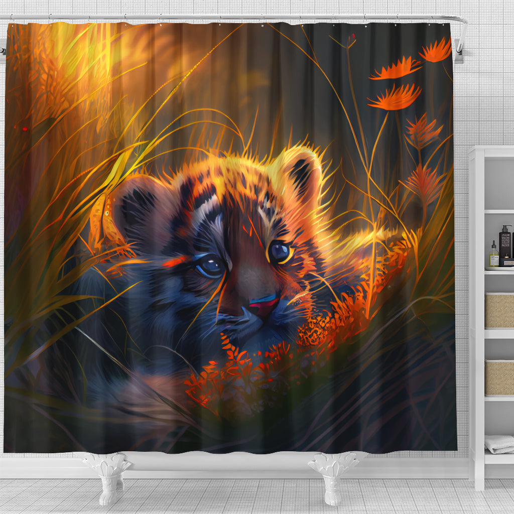 Adorable Baby Tiger in Grass Shower Curtain for Kids Bathroom
