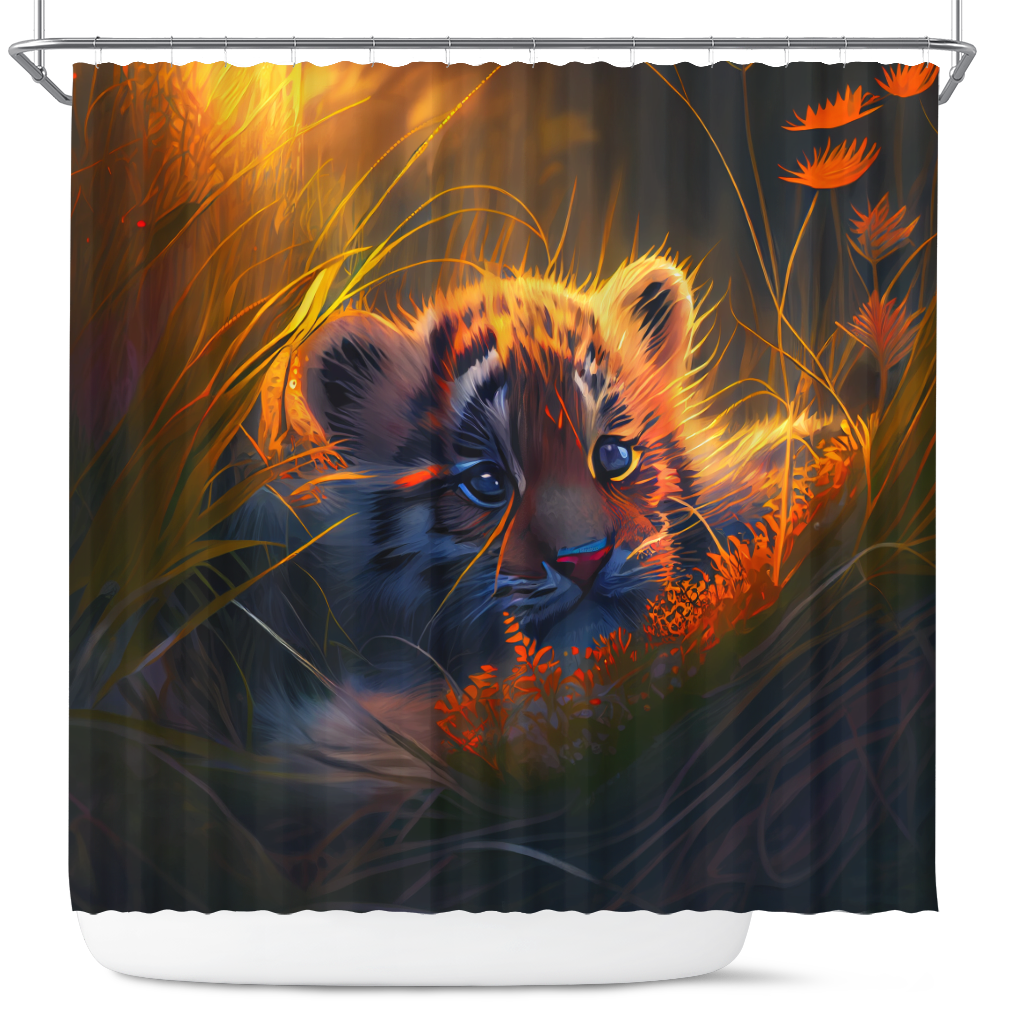 Adorable Baby Tiger in Grass Shower Curtain for Kids Bathroom