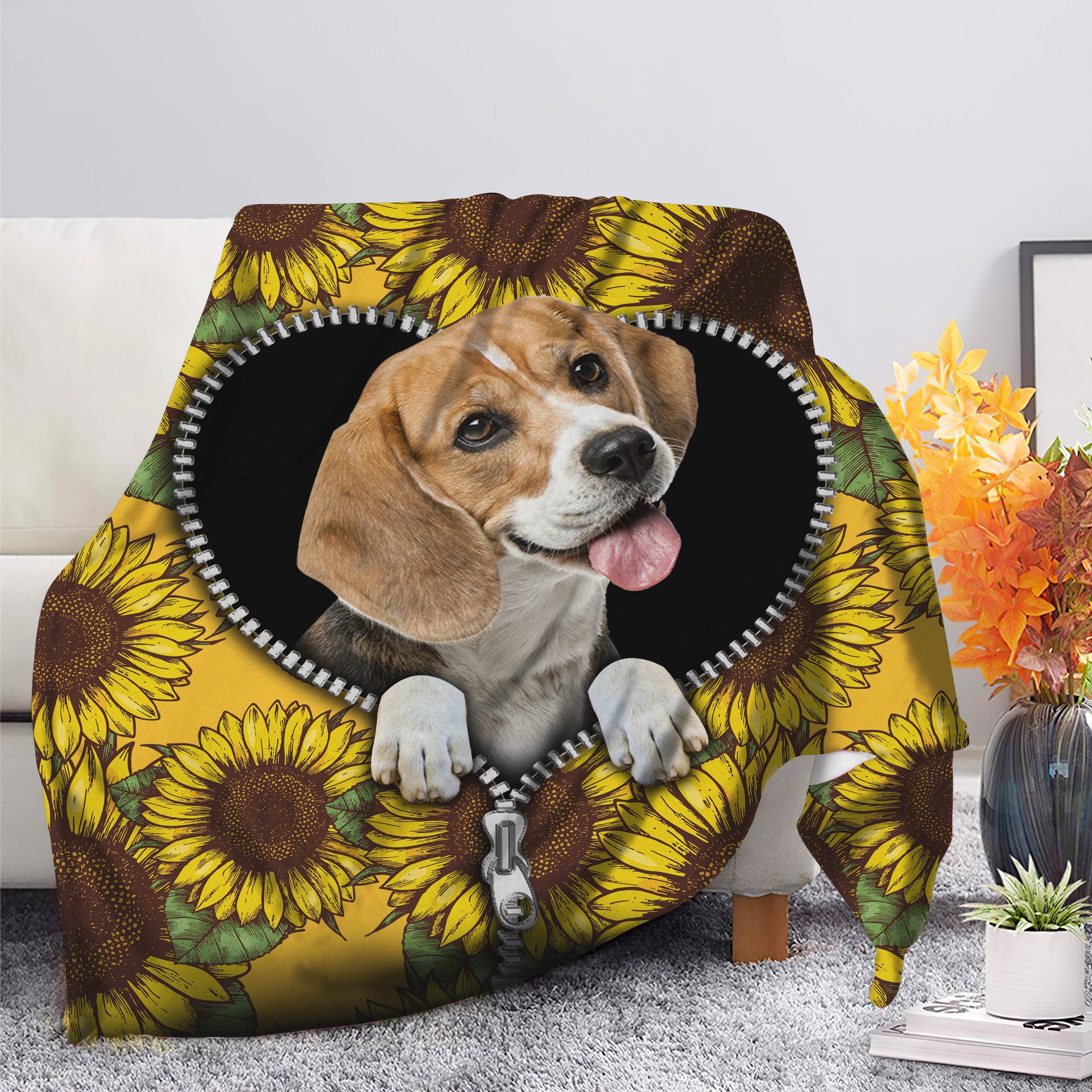 Beagle Dog Blanket with Sunflower Design - Premium Zipper Blanket