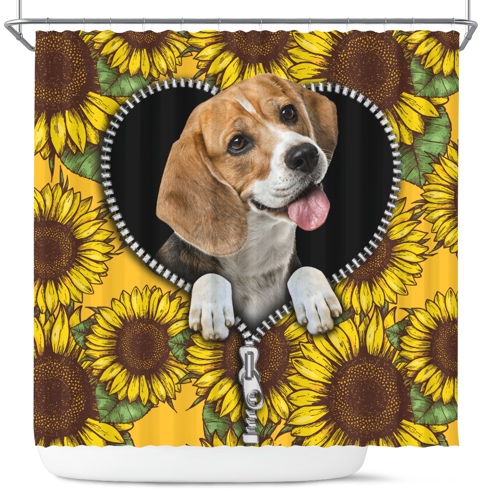 Beagle Dog Sunflower Print Zipper Shower Curtain for Bathroom Decor