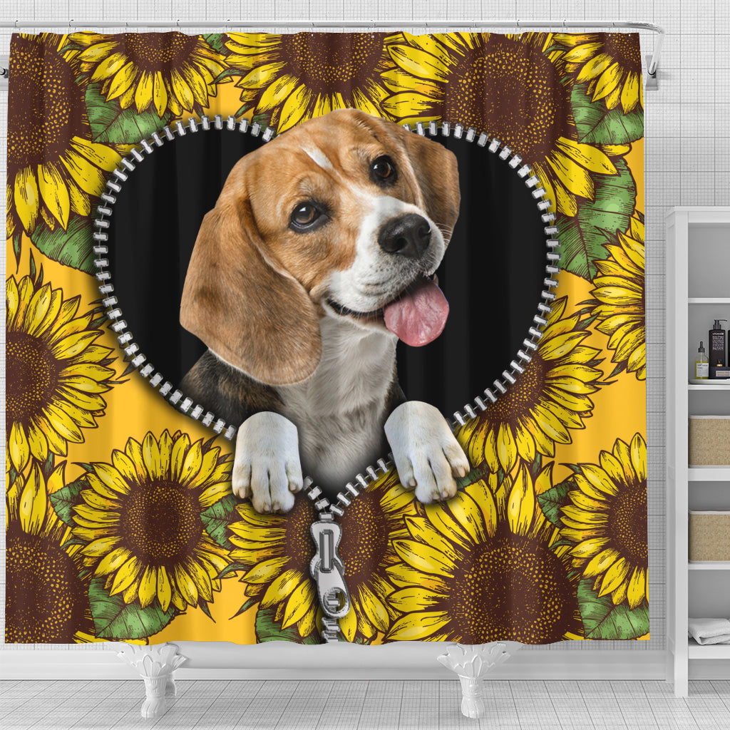 Beagle Dog Sunflower Print Zipper Shower Curtain for Bathroom Decor