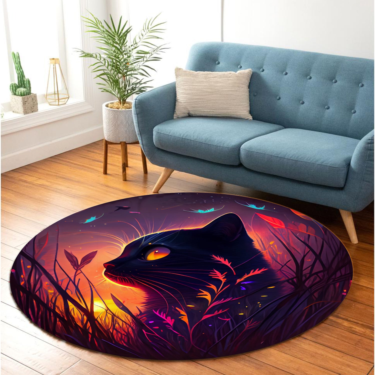 Cute Black Cat Round Carpet Rug for Bedroom Living Room Decor