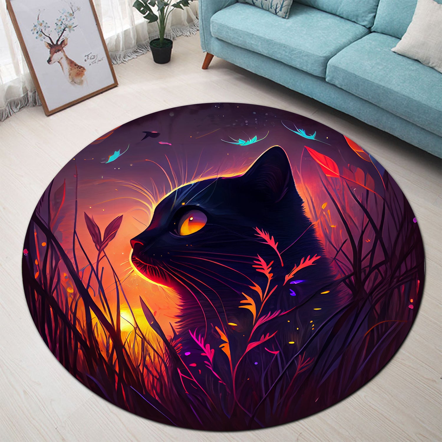 Cute Black Cat Round Carpet Rug for Bedroom Living Room Decor