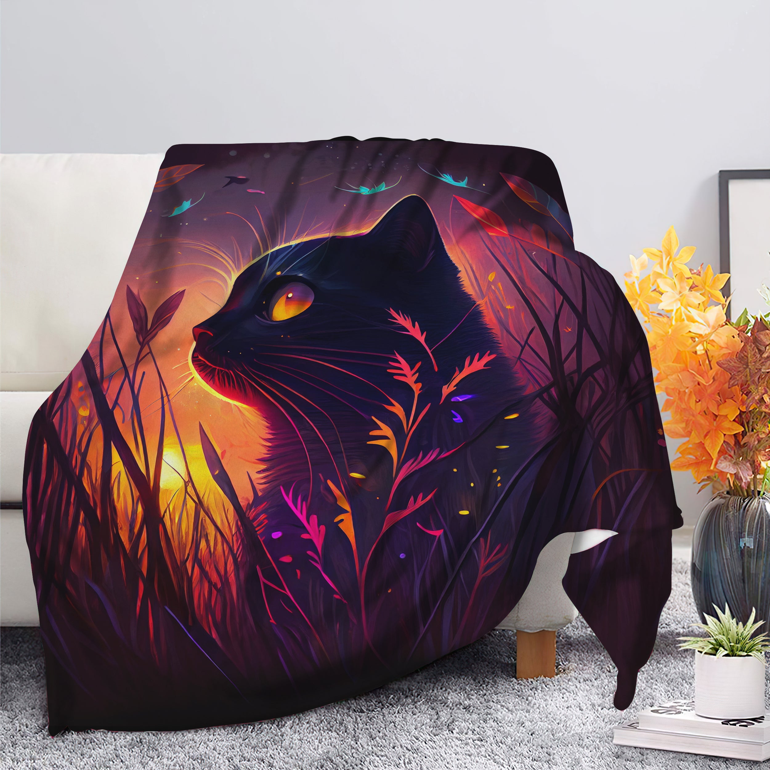Cozy Black Cat Under Moonlight and Fireflies Premium Blanket