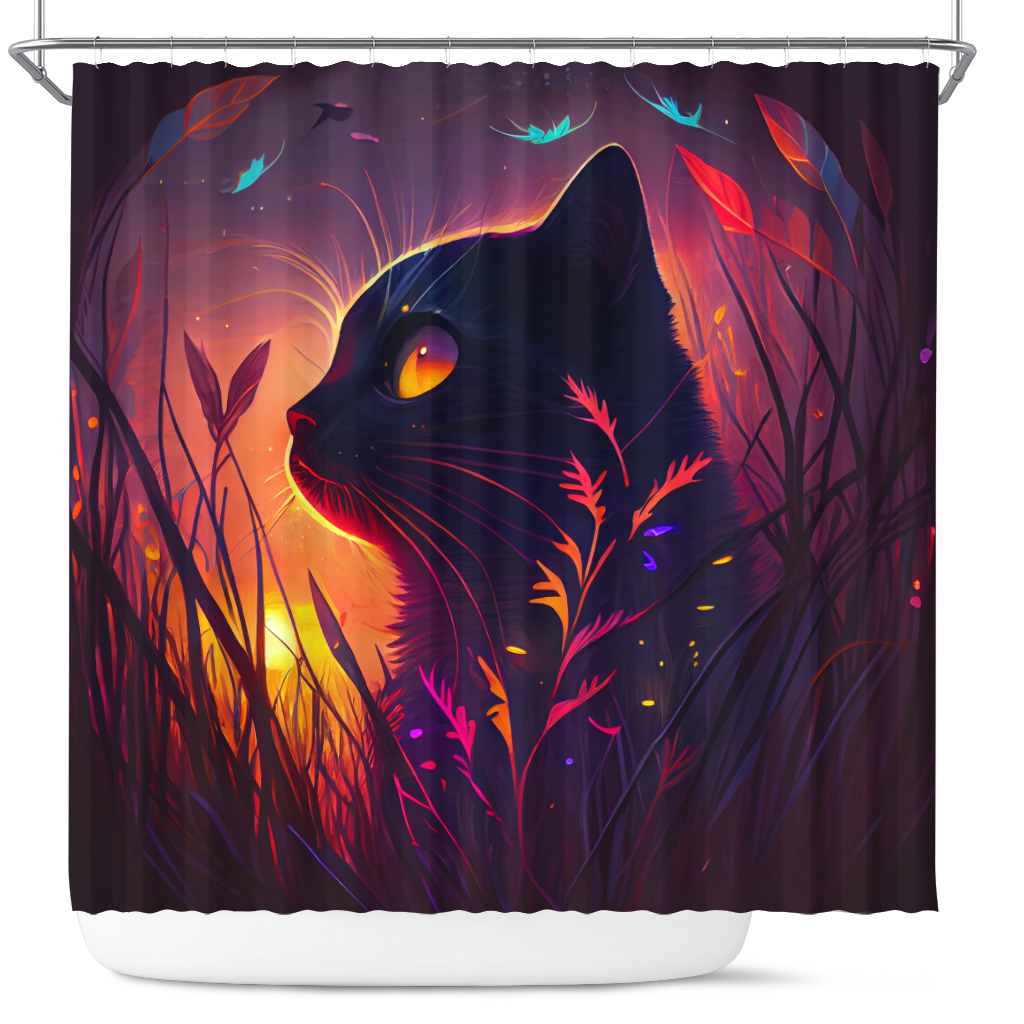 Cute Black Cat Design Shower Curtain - Bedded Down in Grass