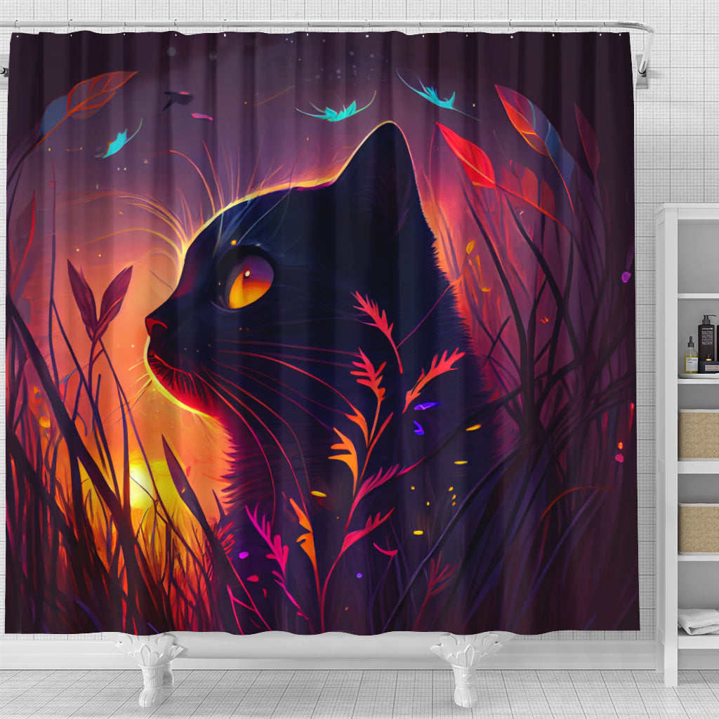 Cute Black Cat Design Shower Curtain - Bedded Down in Grass