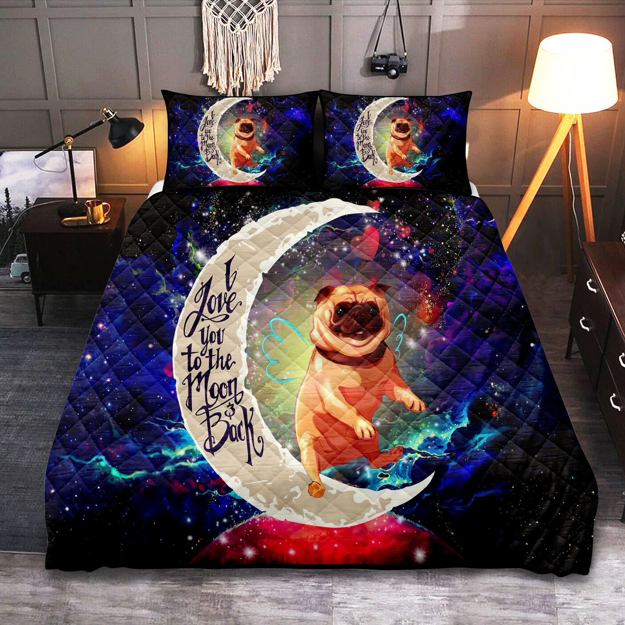Bull Dog Galaxy Quilt Bed Set - Love You To The Moon Design