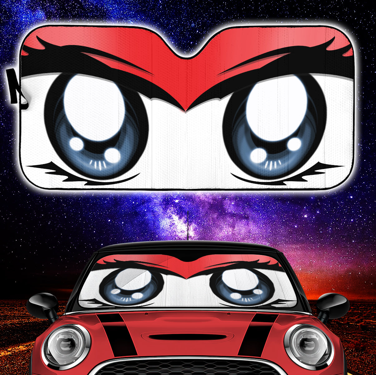 Cute Cartoon Red Auto Sun Shades with Fun Eyes Design