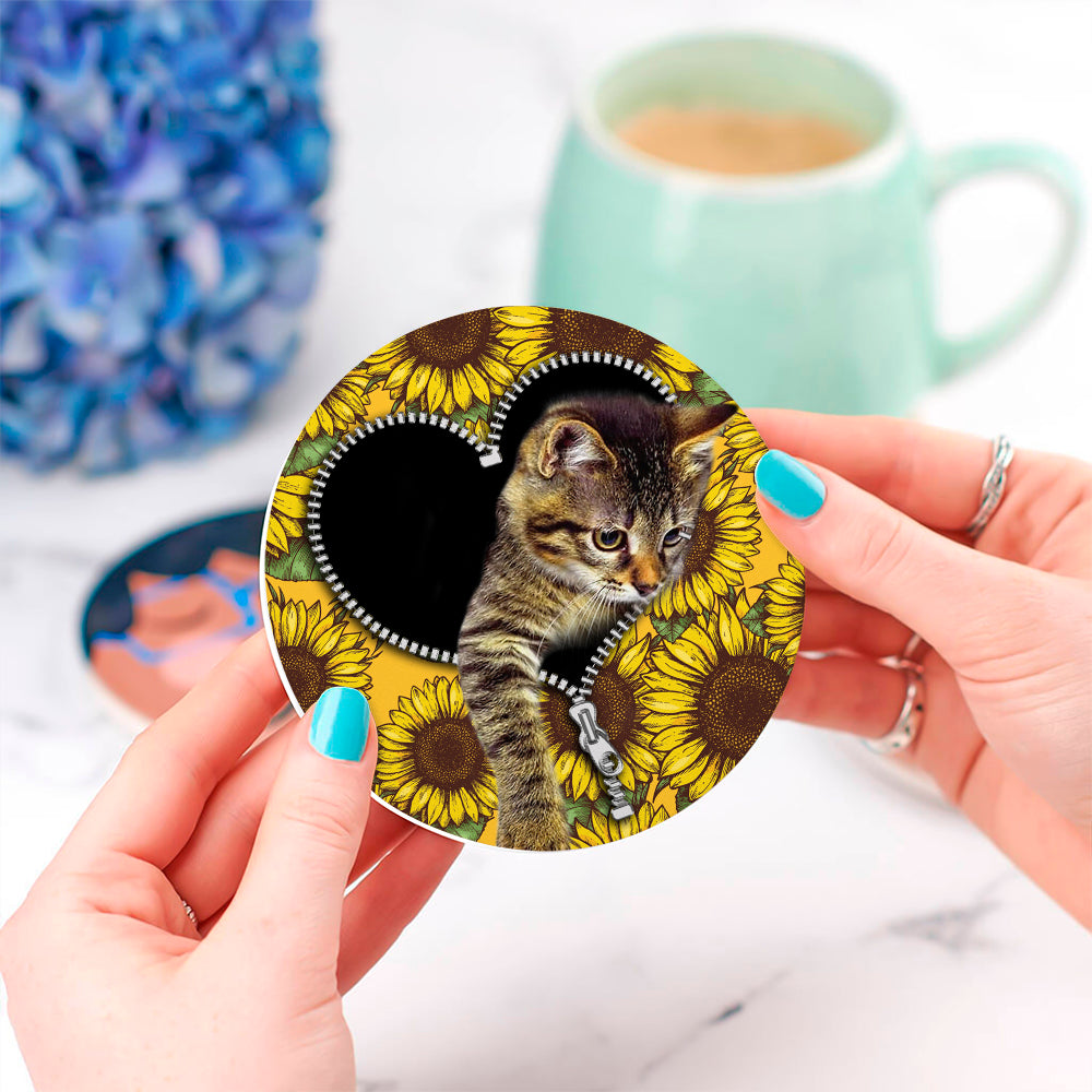Sunflower Cute Cat  Drink Coasters