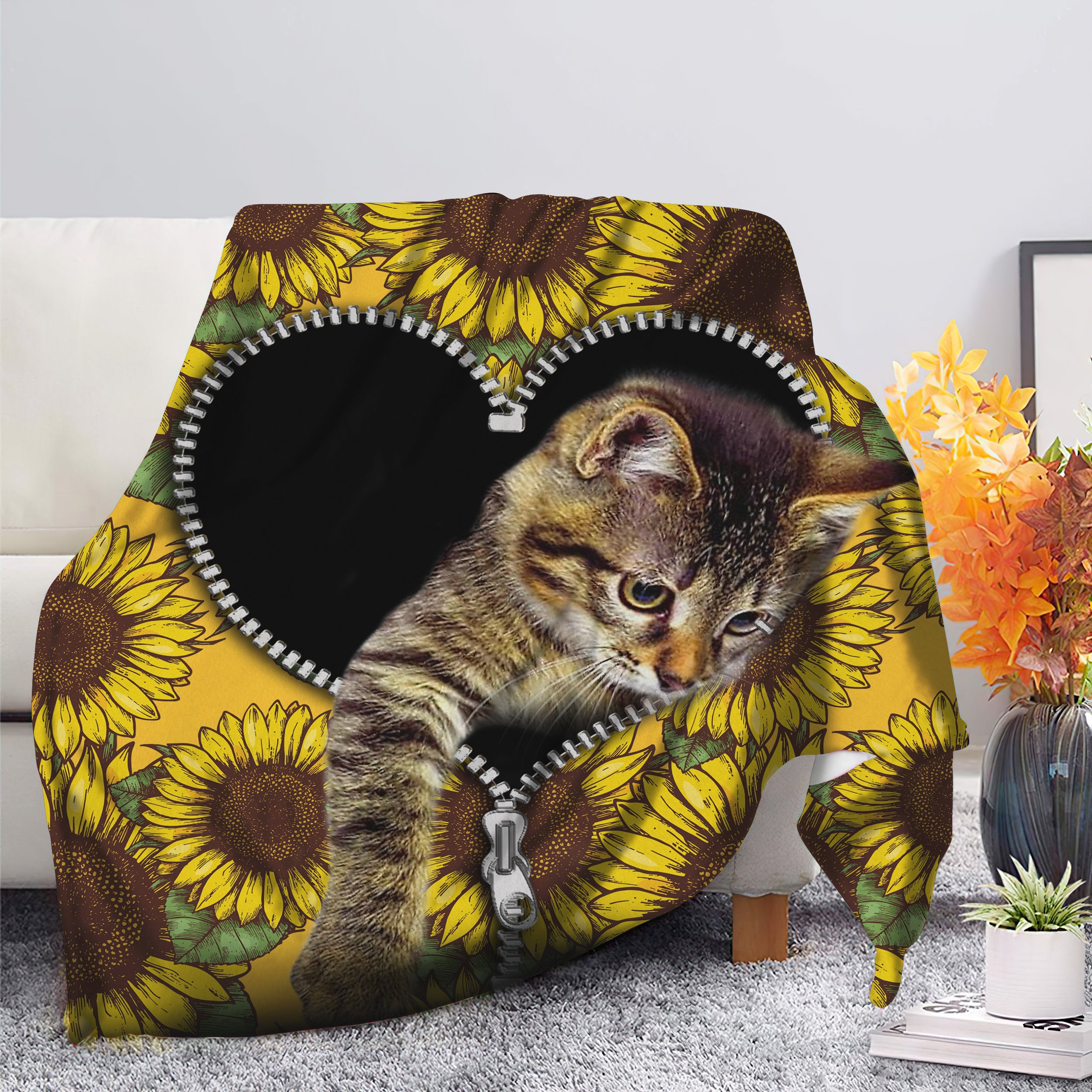 Cute Cat Sunflower Blanket - Premium Zippered Cozy Throw