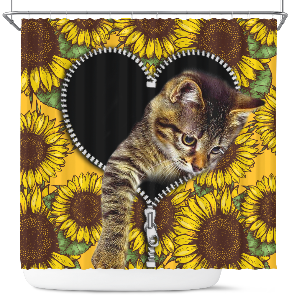 Sunflower Cute Cat Shower Curtain with Zipper Design