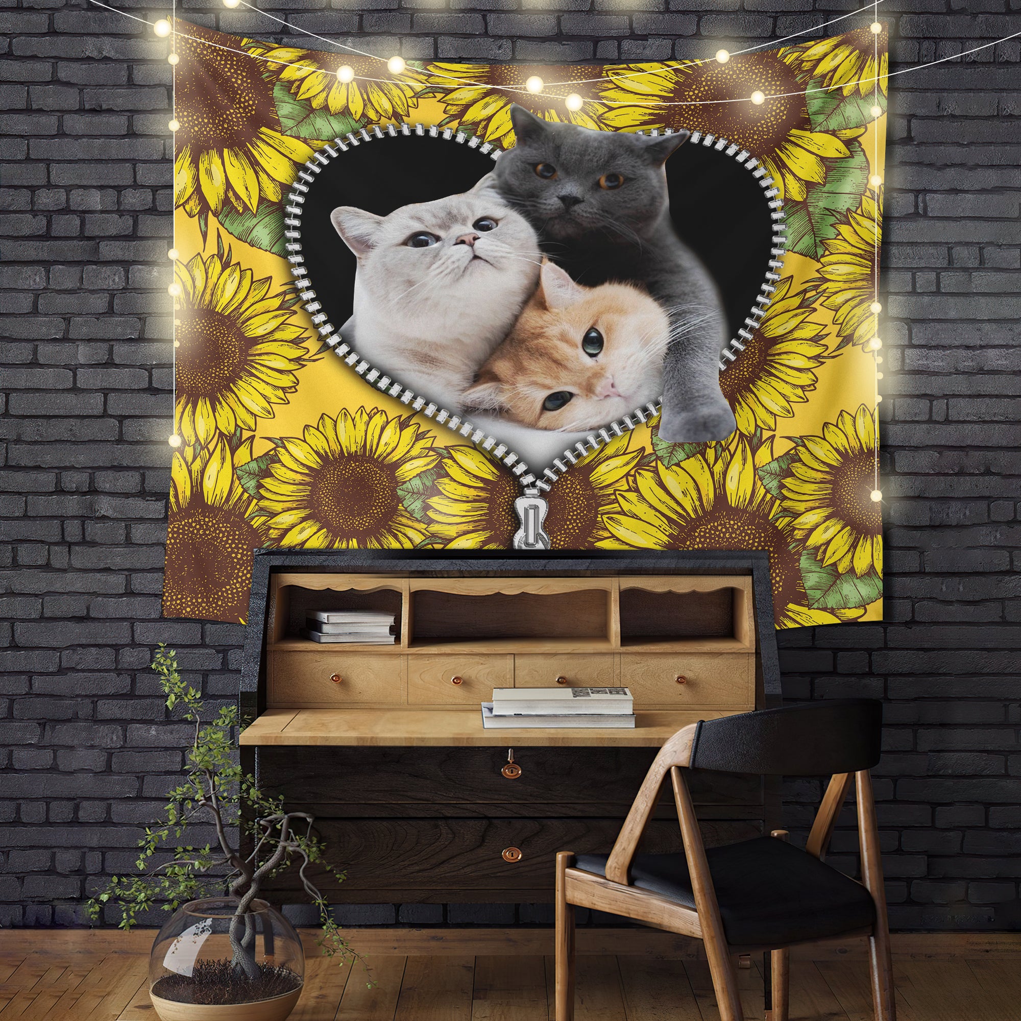 Cute Cat Tapestry Room Decor with Sunflower Design