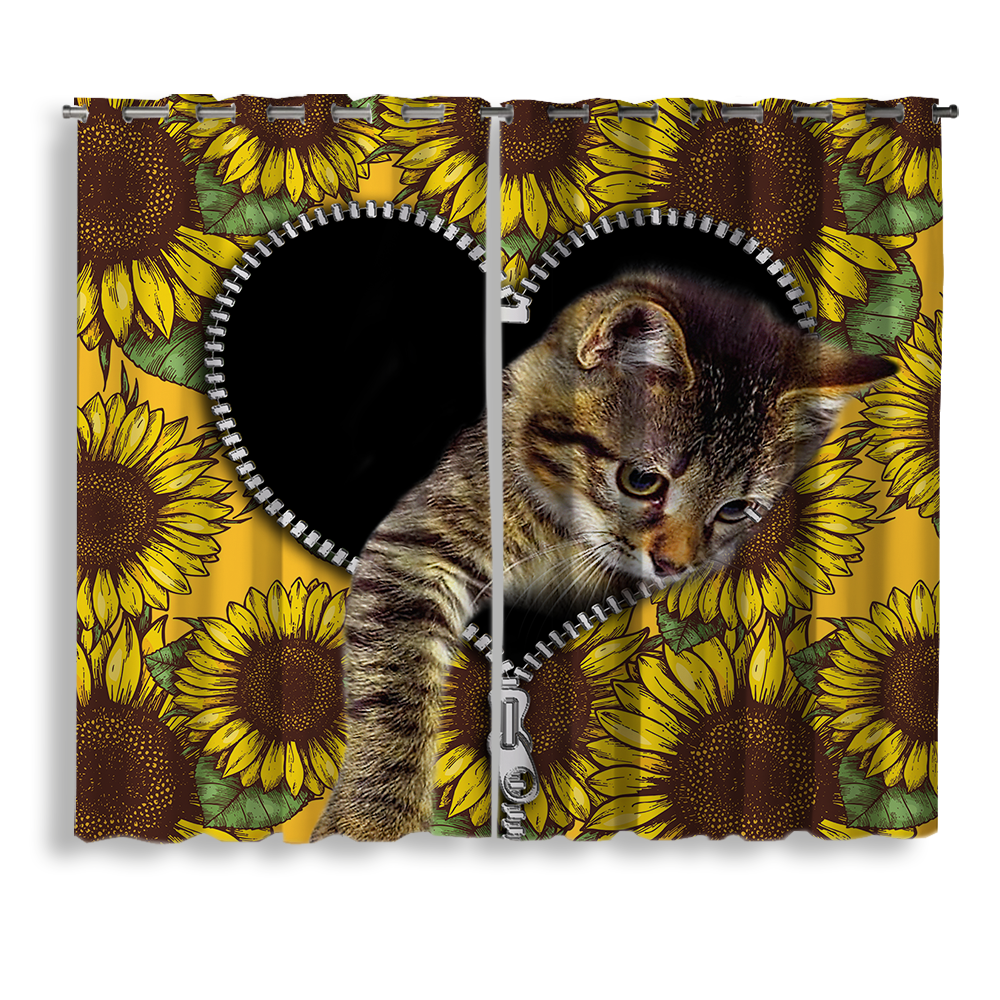 Sunflower Cute Cat Zipper Window Curtain for Home Decor
