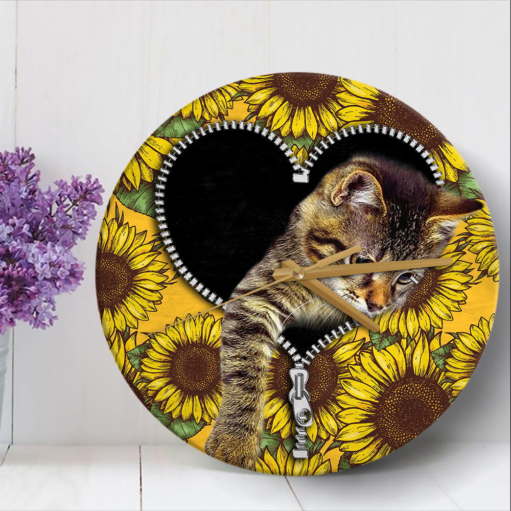 Cute Cat Zipper Wood Wall Clock with Sunflower Design - AnimeBape