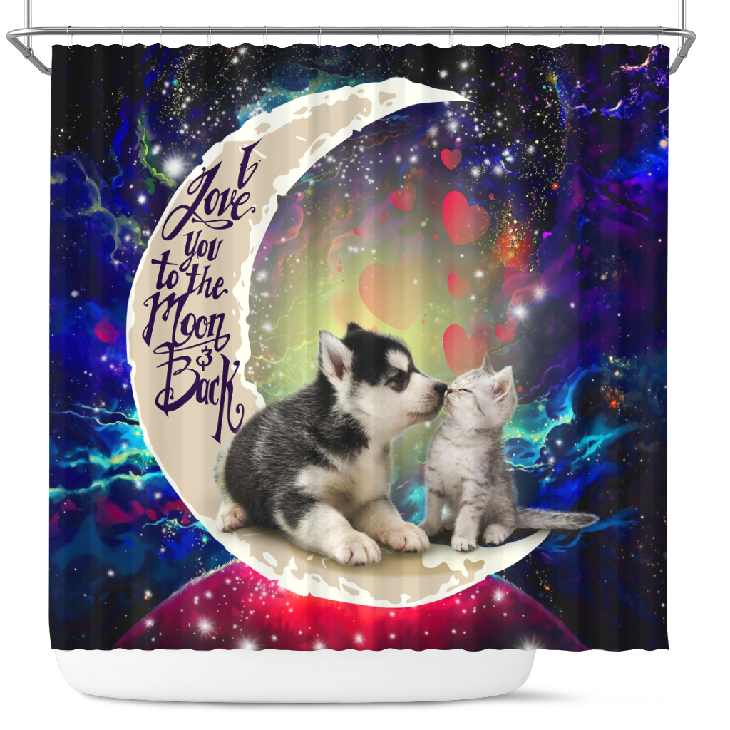 Husky Cat Love You To The Moon Galaxy Shower Curtain