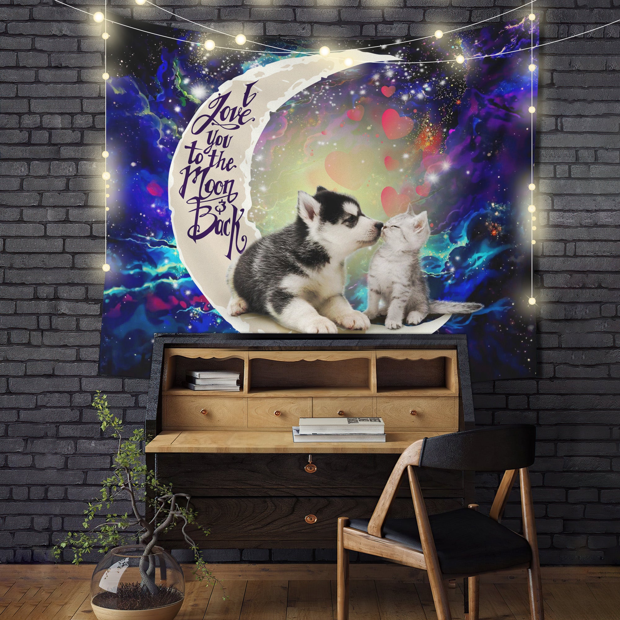 Husky and Cat Love You to the Moon Galaxy Tapestry Room Decor