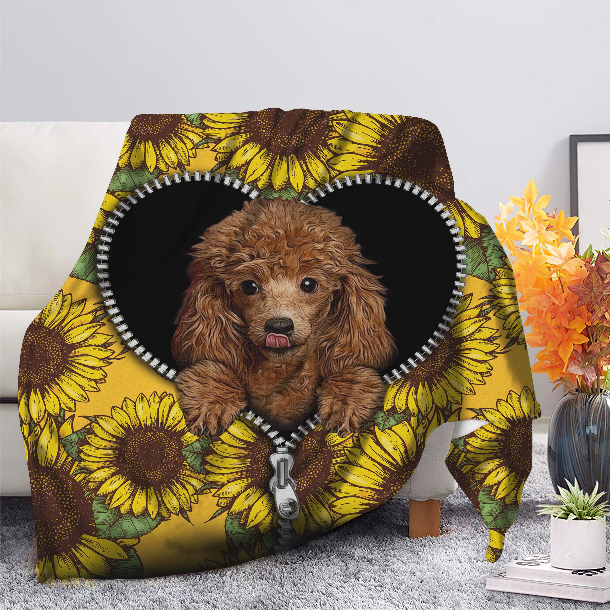 Cute Poodle Blanket with Sunflower Design - Premium Zipper Blanket