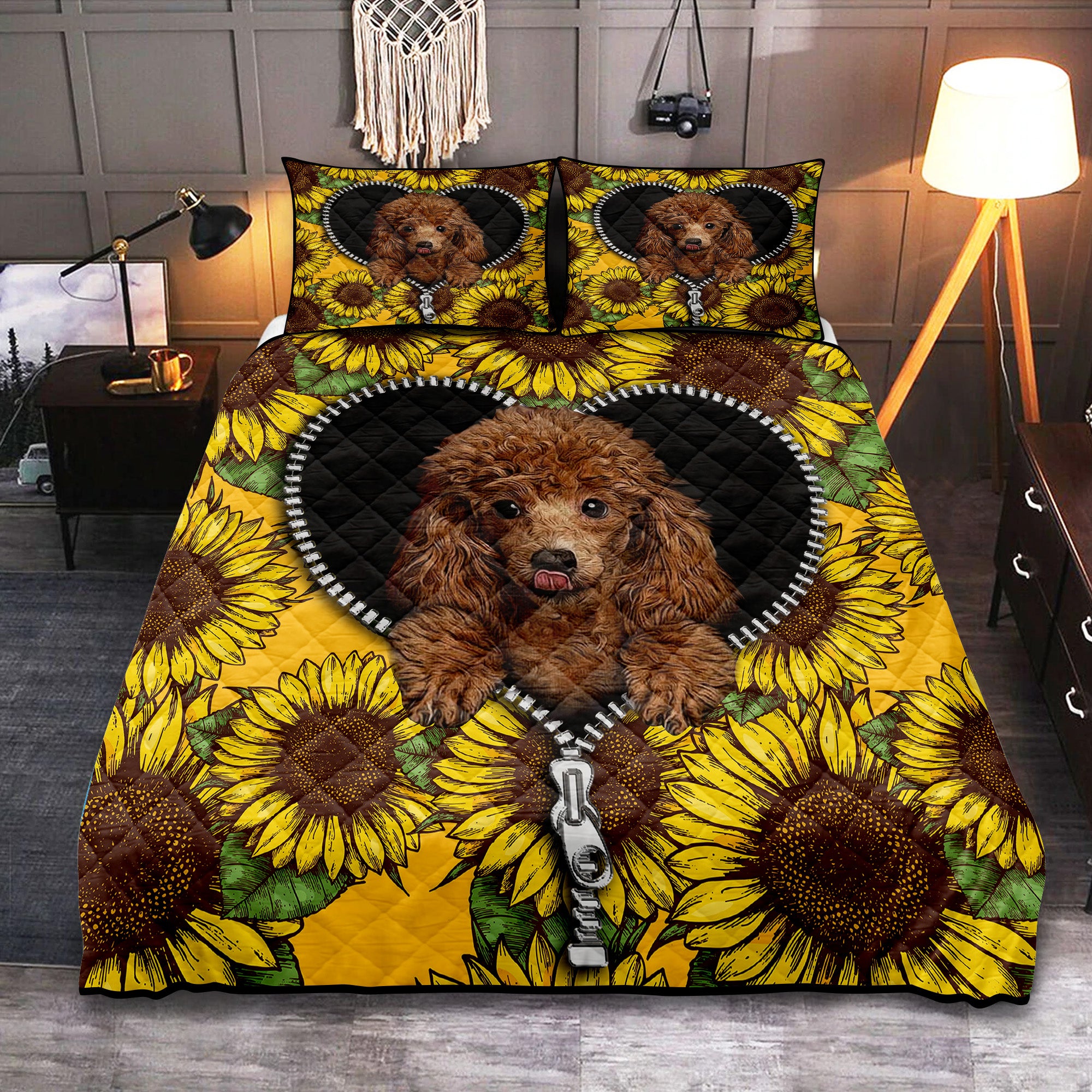 Sunflower Poodle Dog Quilt Bed Sets - Cute Zipper Design