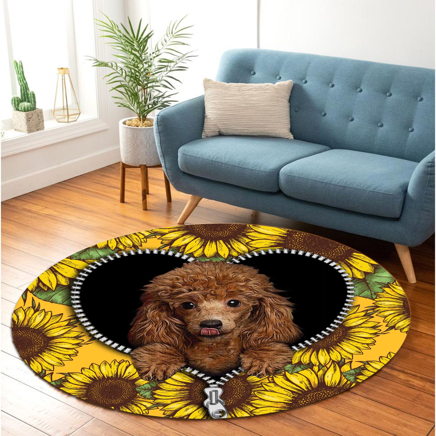 Cute Poodle Sunflower Round Rug for Bedroom Living Room Decor