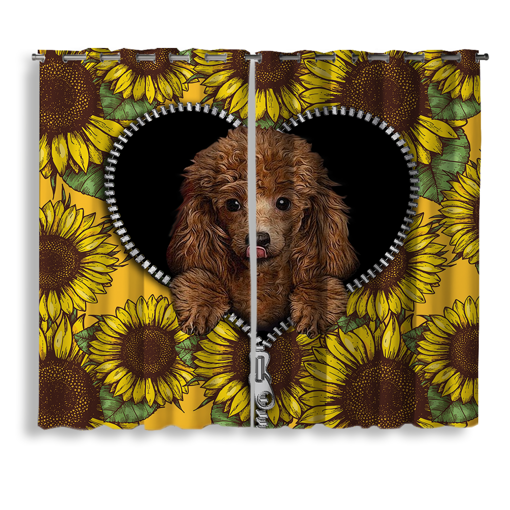 Poodle Dog Sunflower Zipper Window Curtain for Home Decor