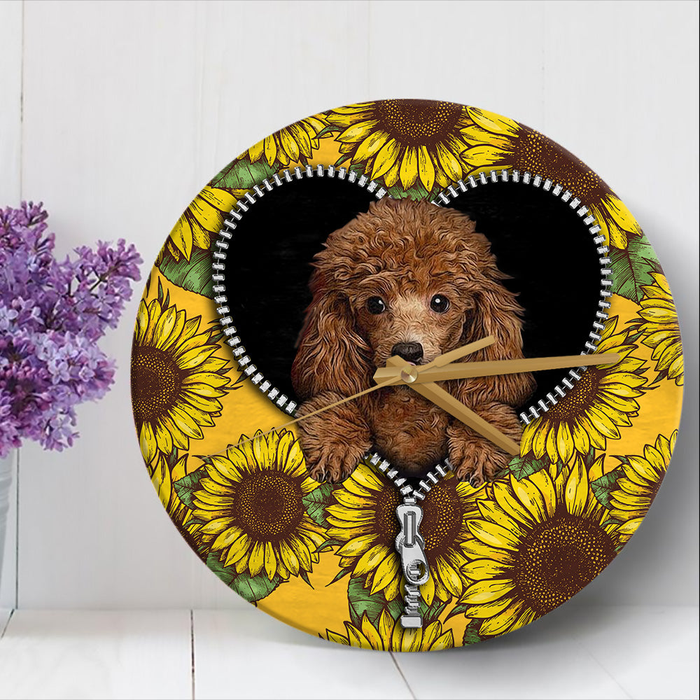Poodle Dog Sunflower Wall Clock - Cute Wooden Zipper Design