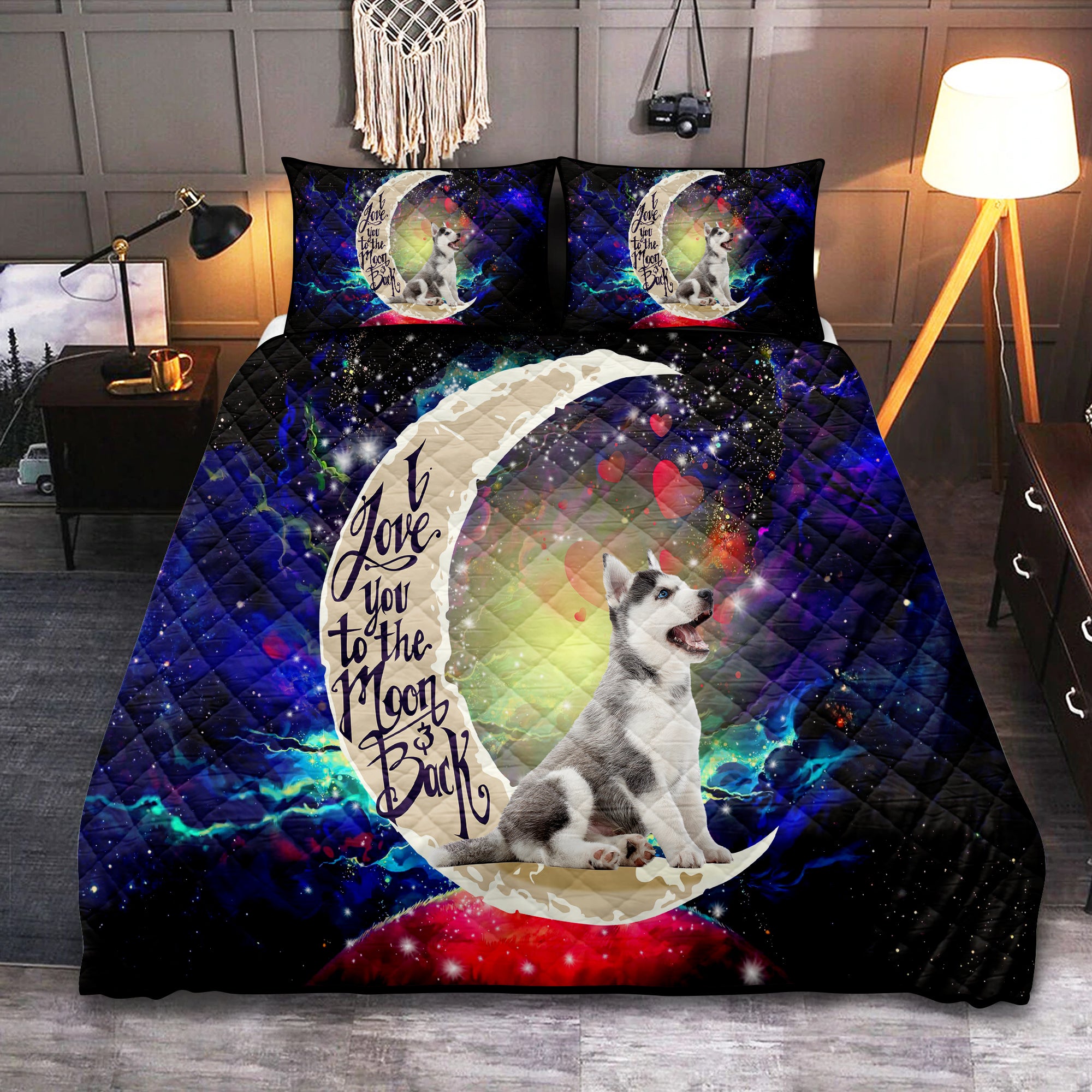 Husky Love You To The Moon Galaxy Quilt Bed Set for Cozy Dreams