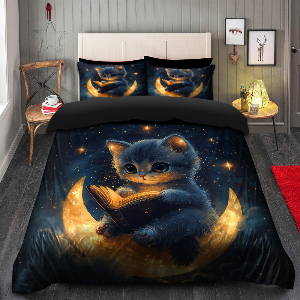 Cute Kitty Crescent Moon Bedding Set with Duvet Cover and 2