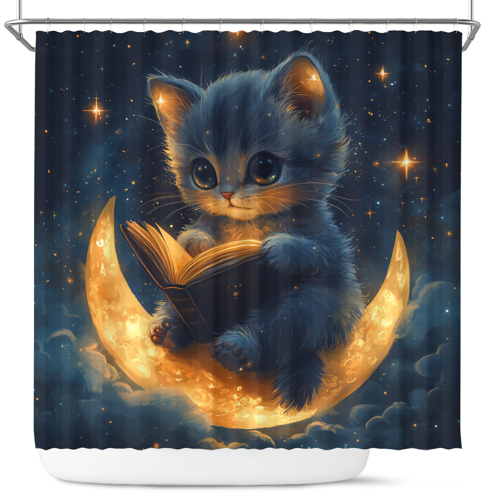 Crescent Moon Kitty Shower Curtain - Cute Cat Reading Decor