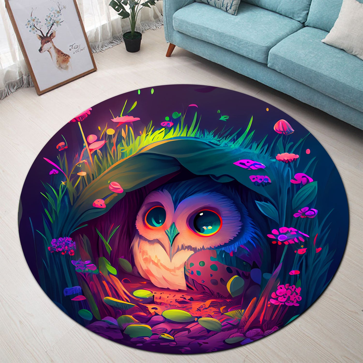Cute Owl Round Carpet Rug for Bedroom Living Room Home Decor