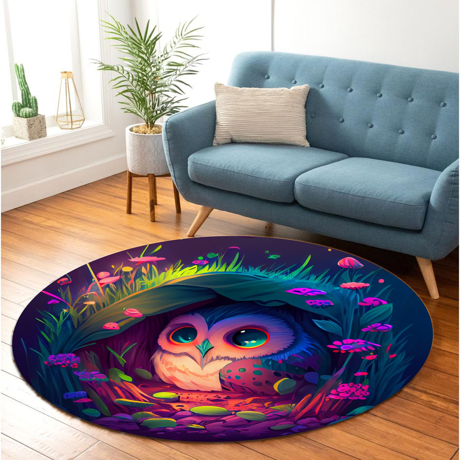 Cute Owl Round Carpet Rug for Bedroom Living Room Home Decor