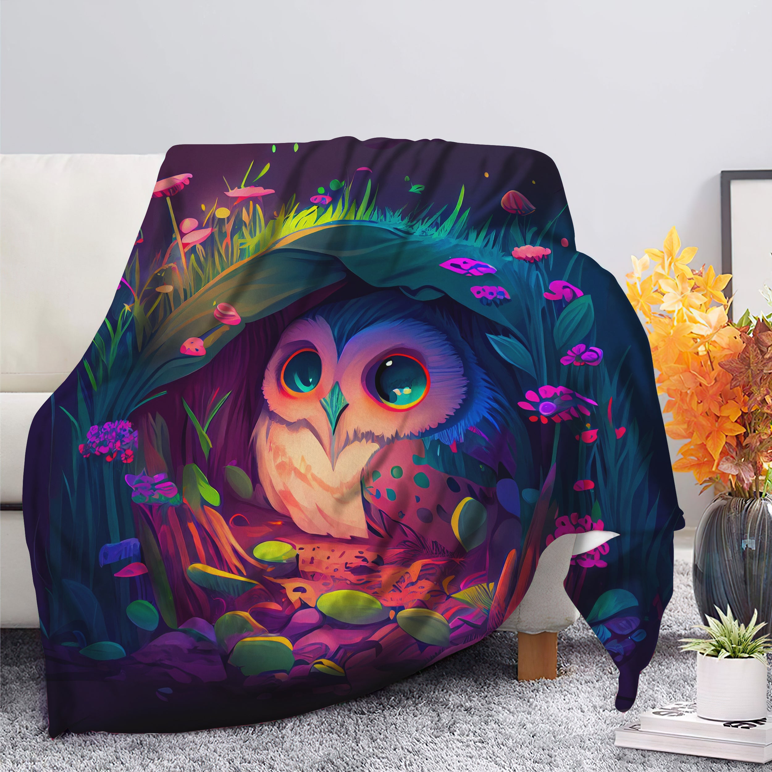 Cute Owl Blanket with Fireflies and Moonlight - Premium Cozy Throw
