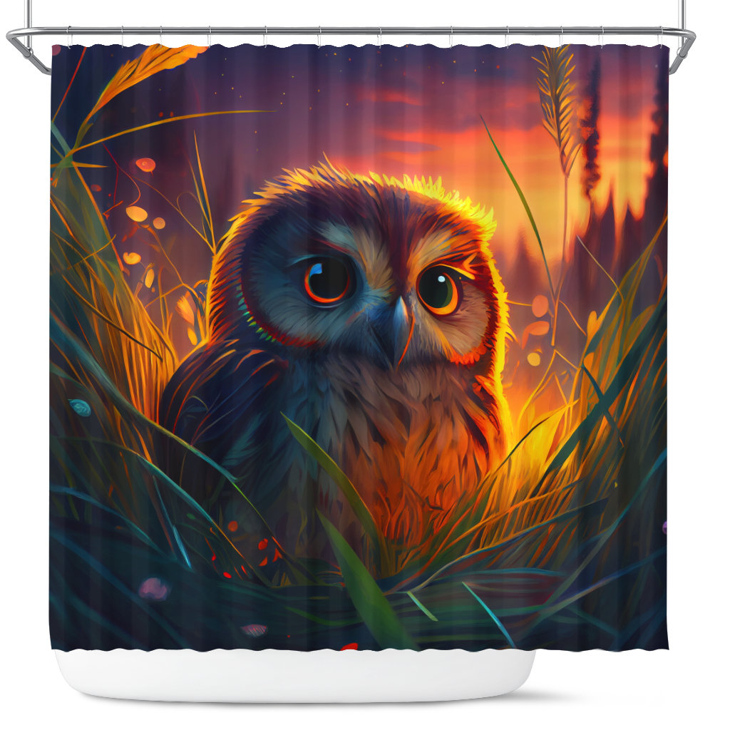 Cozy Cute Owl Design Shower Curtain - Bedded Down in Grass