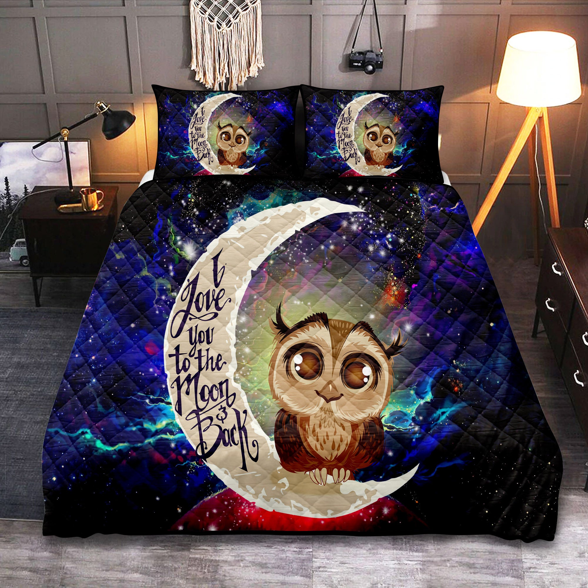Owl Love You To The Moon Galaxy Quilt Bed Set for Kids Room