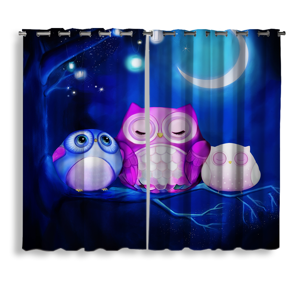 Owl-Themed Cute Night Window Curtain for Kids Room Decoration