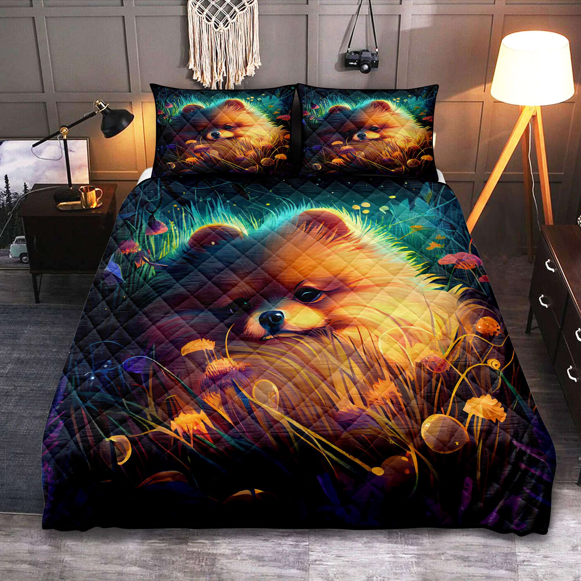 Cute Pomeranian Quilt Bed Set for Dogs, Grass Design Bed Sets
