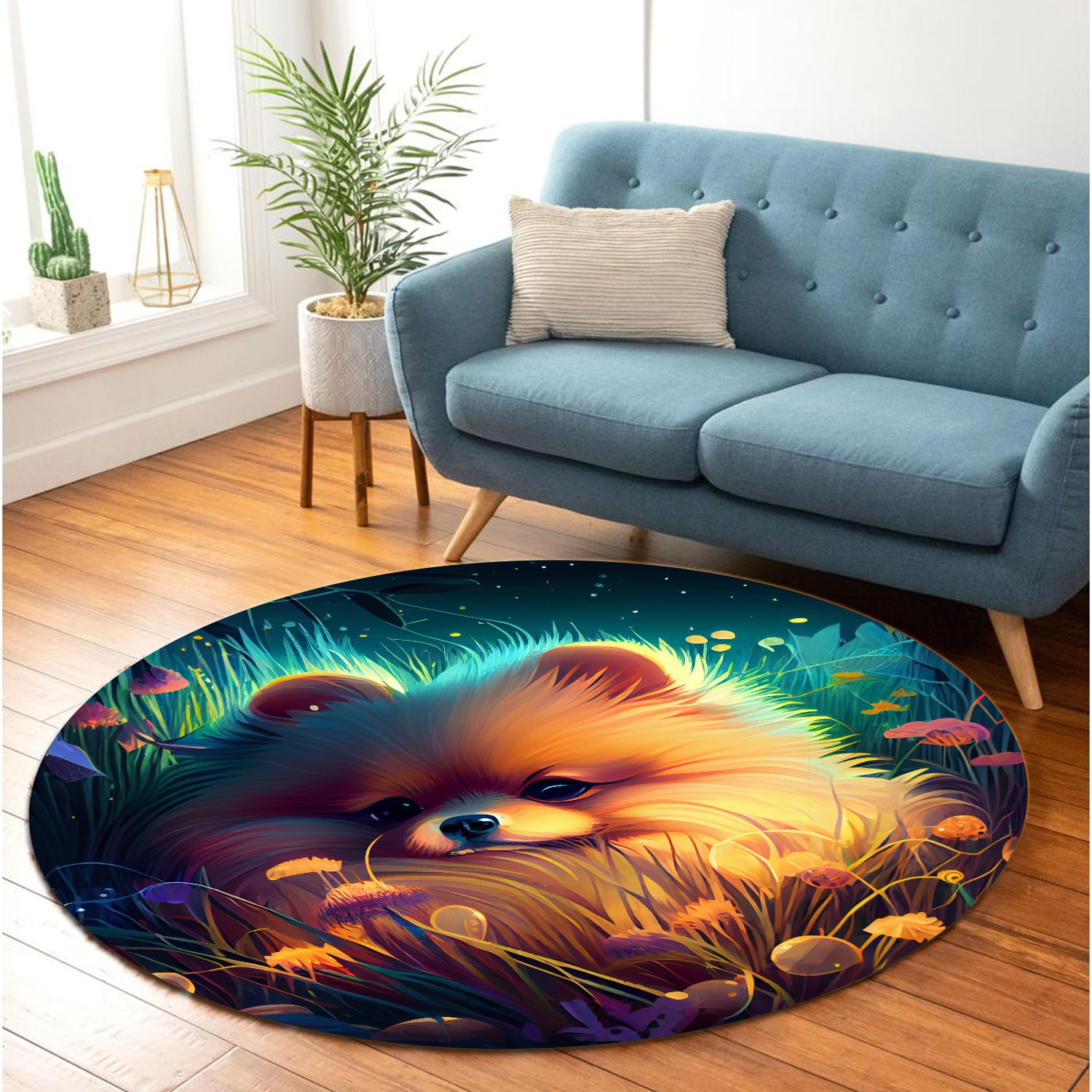 Cute Pomeranian Round Carpet Rug for Bedroom Living Room Decor