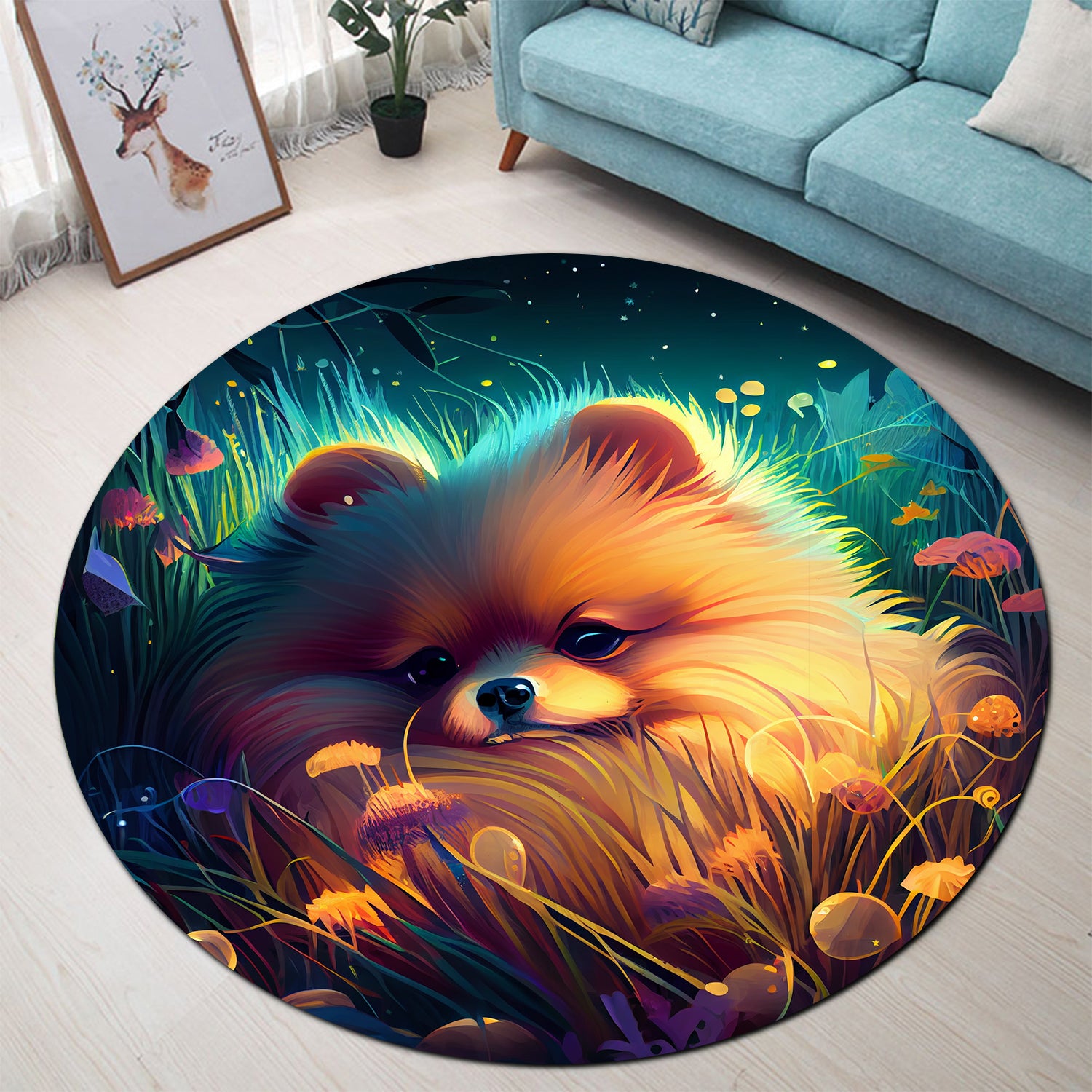 Cute Pomeranian Round Carpet Rug for Bedroom Living Room Decor