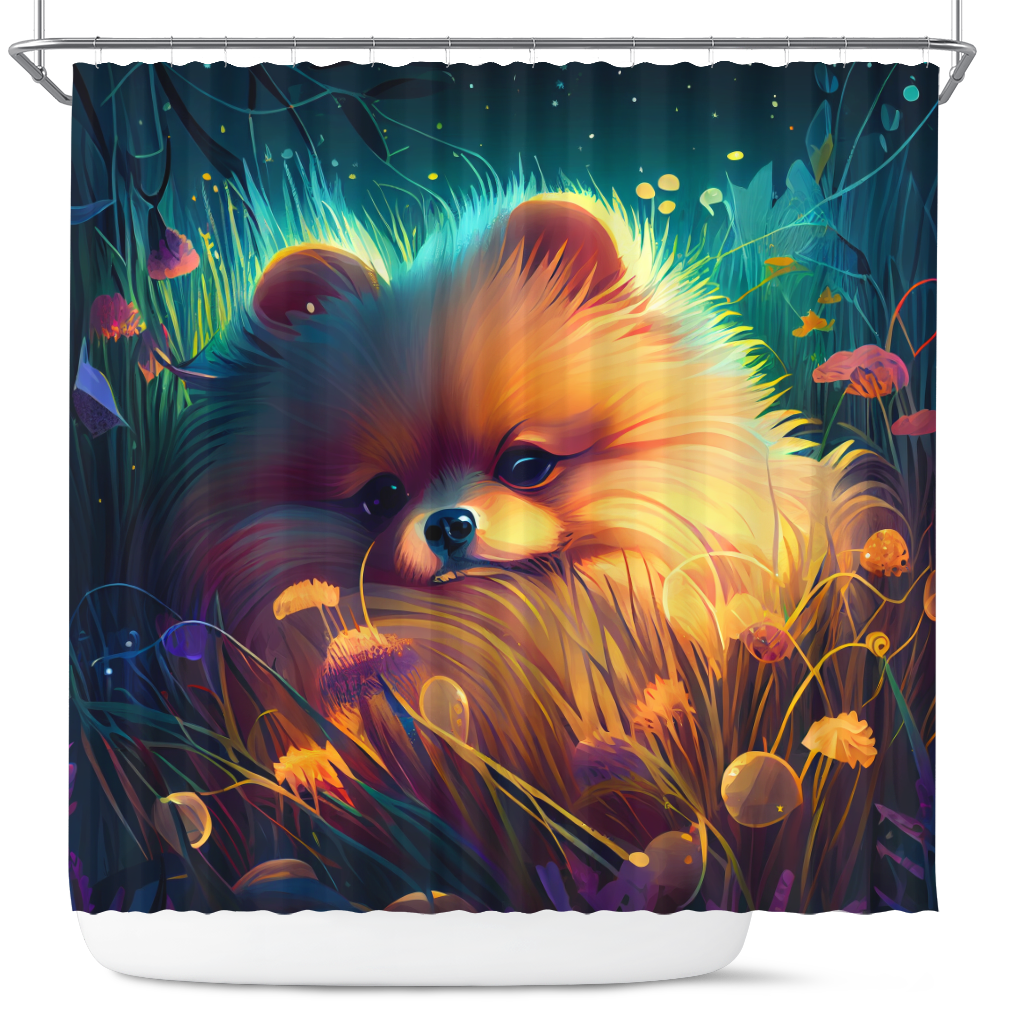 Pomeranian Dog Shower Curtain - Cute Bedded Down in Grass Design