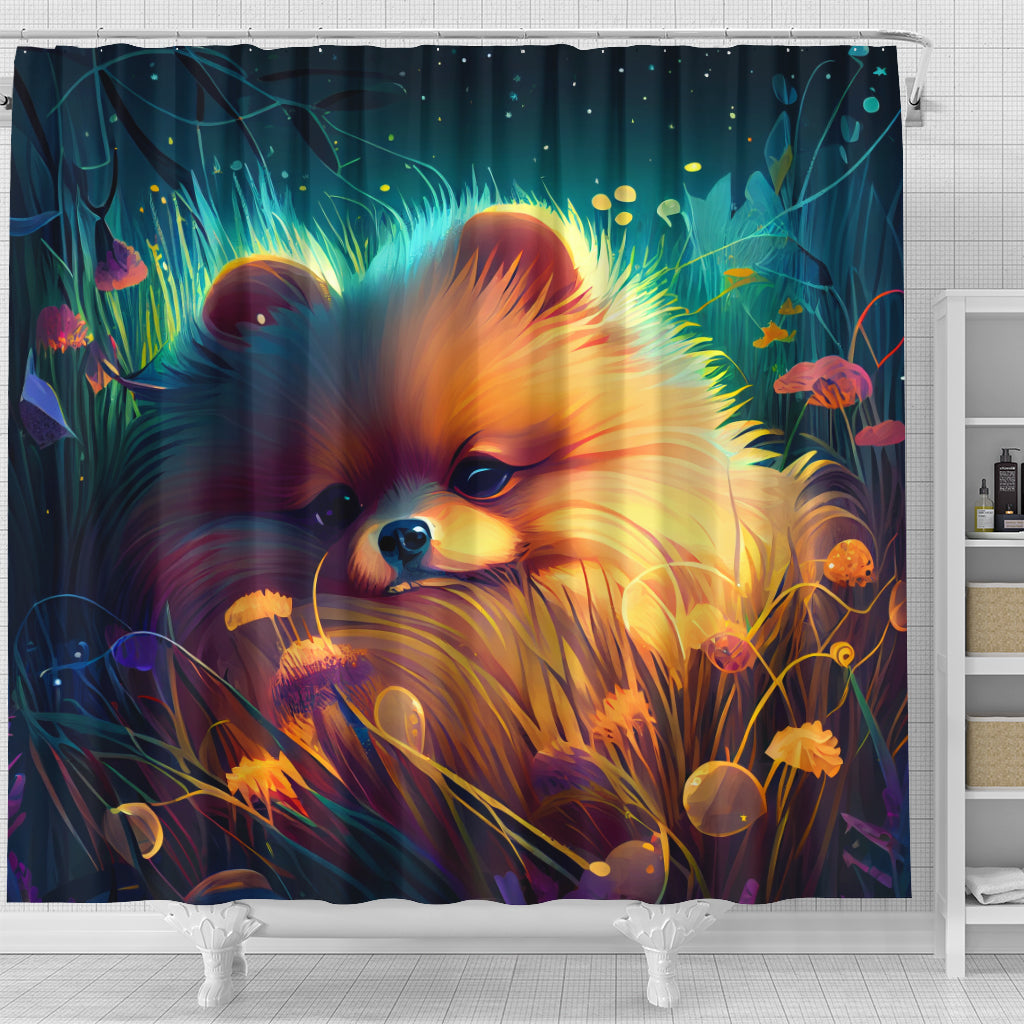 Pomeranian Dog Shower Curtain - Cute Bedded Down in Grass Design
