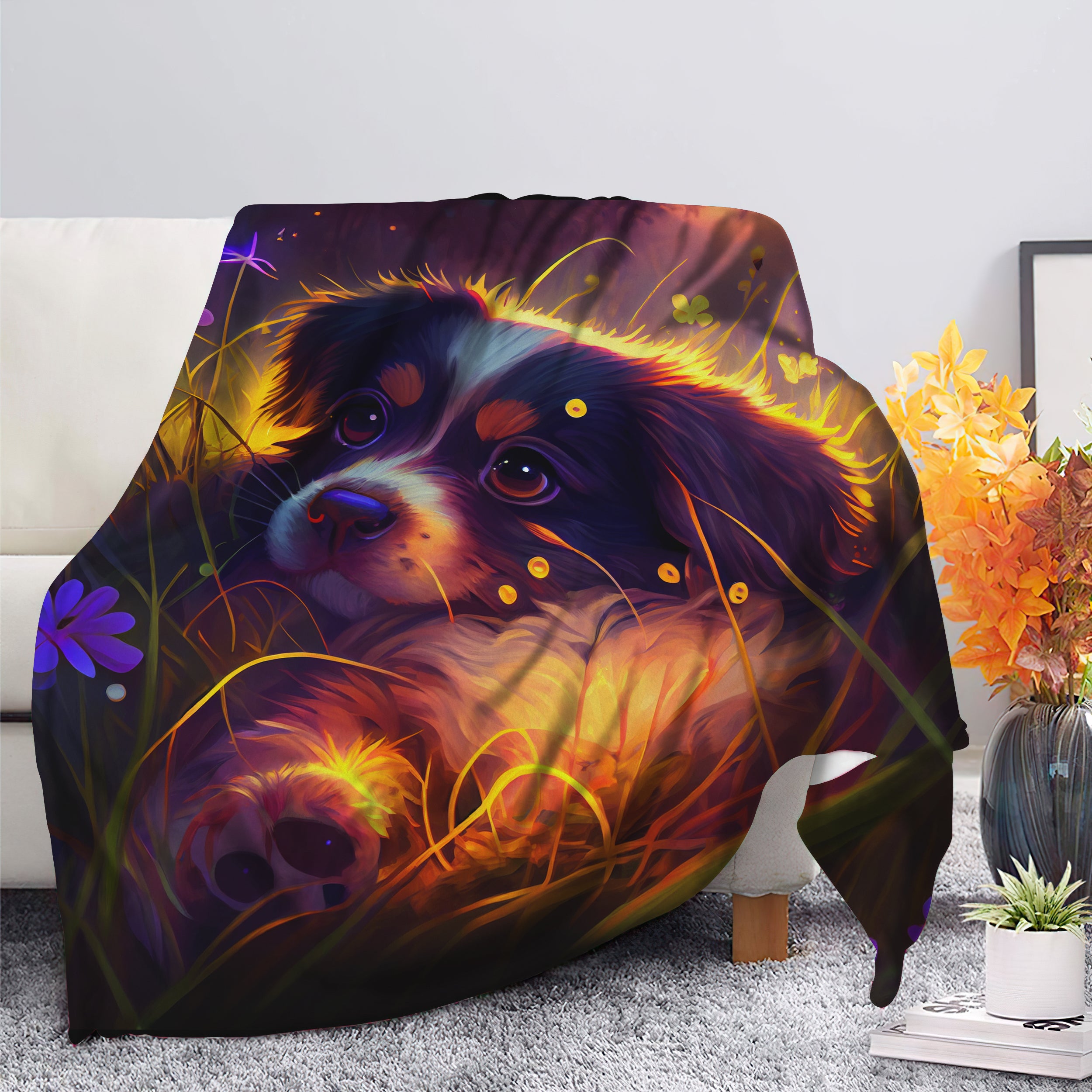 Cute Puppy Blanket Under Moonlight with Fireflies - Premium Cozy