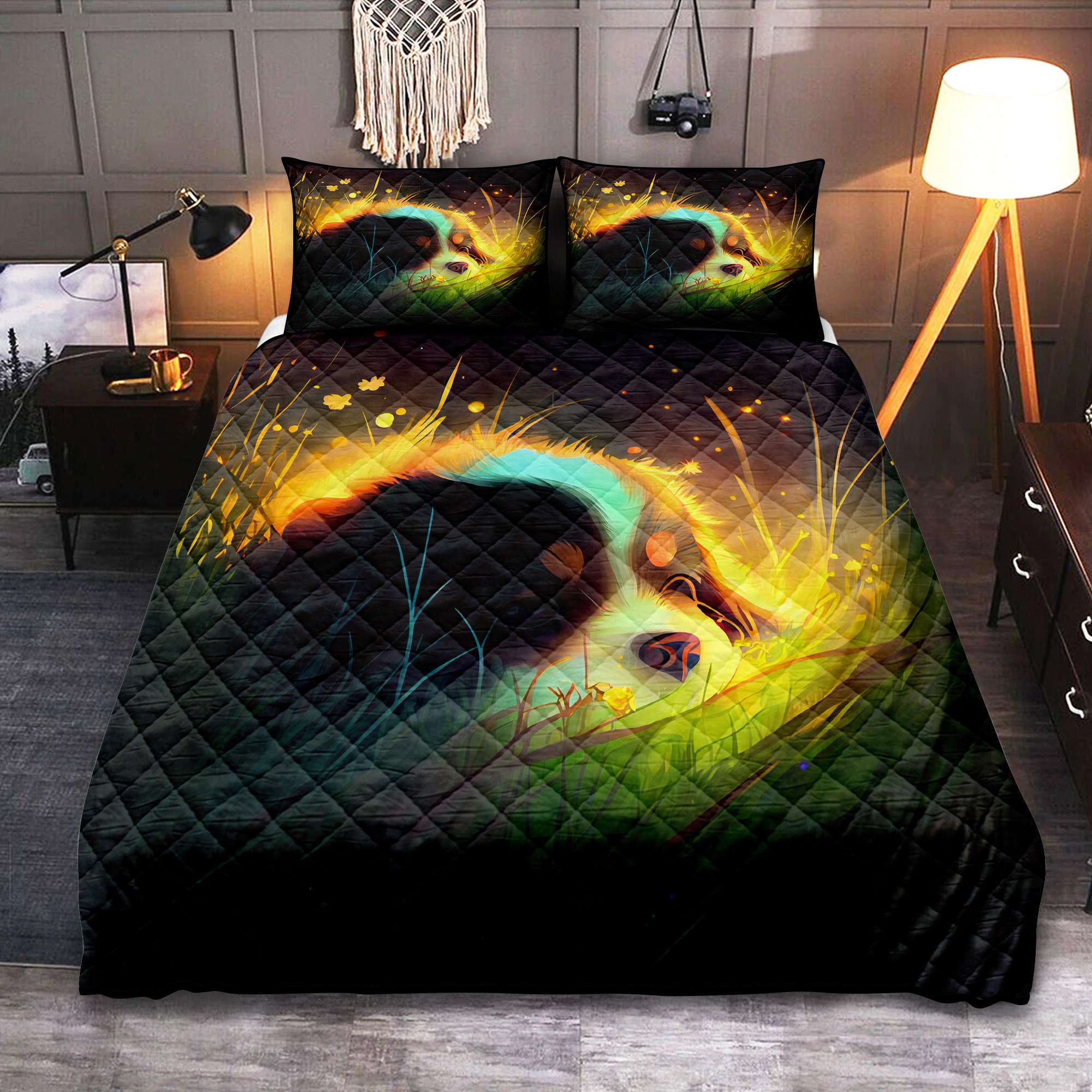 Cute Puppy Bed Quilt Set 5 Pieces Down In The Grass Design