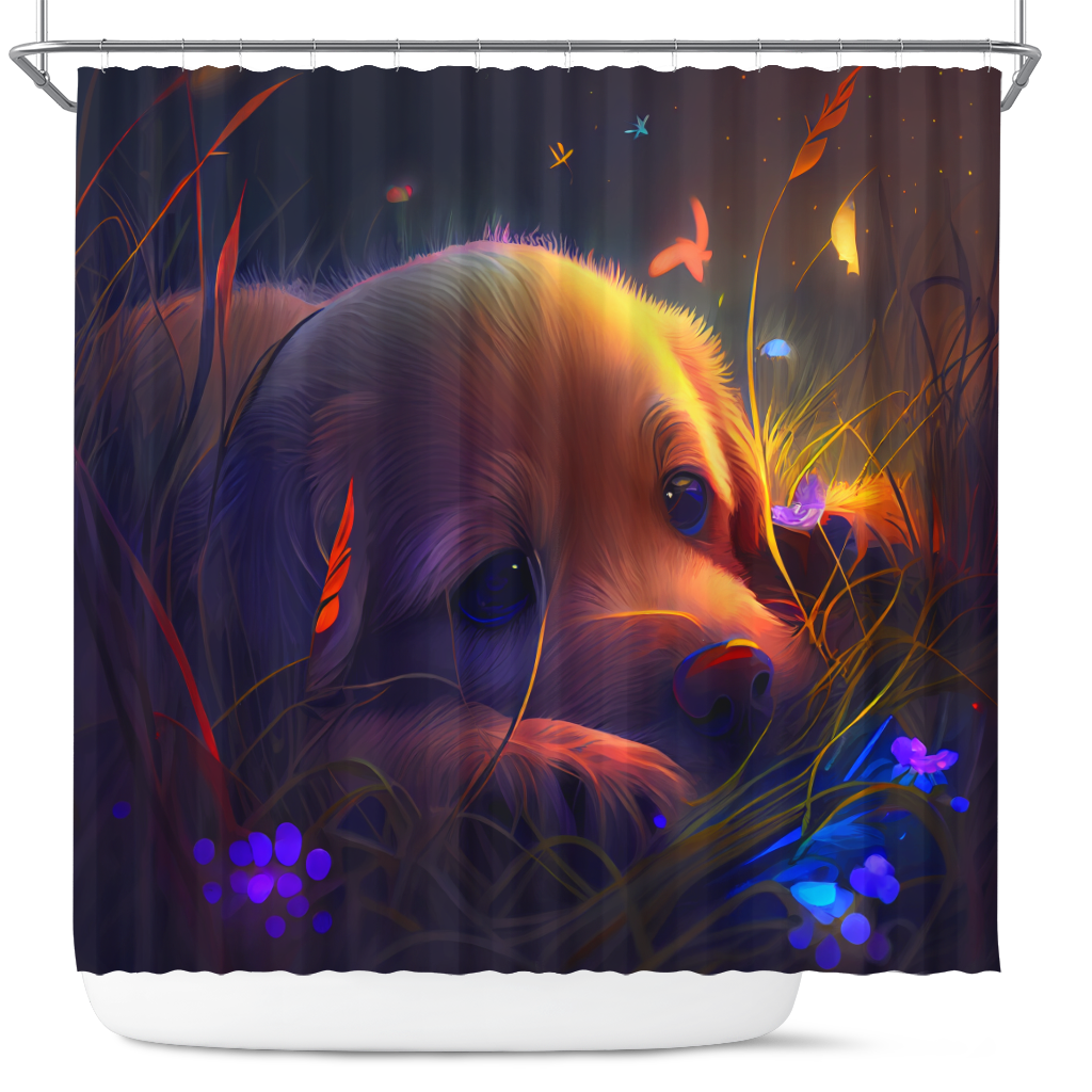 Cute Puppy Grass Scene Shower Curtain for Dog Lovers