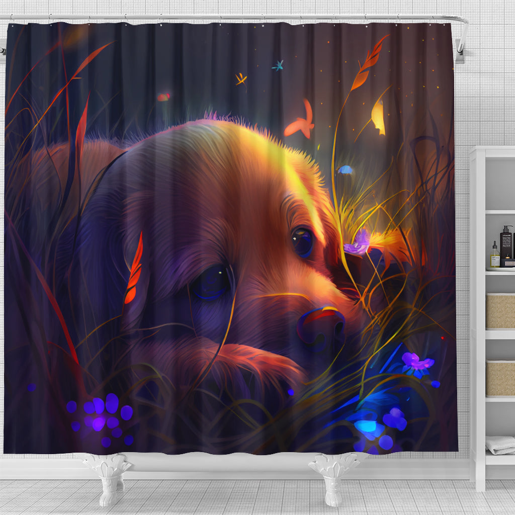 Cute Puppy Grass Scene Shower Curtain for Dog Lovers