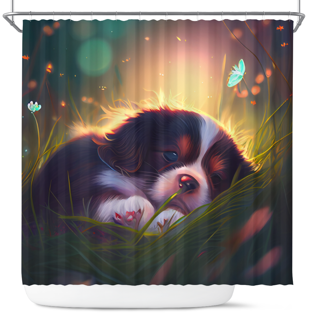 Cute Puppy Shower Curtain - Adorable Dog in Grass Design