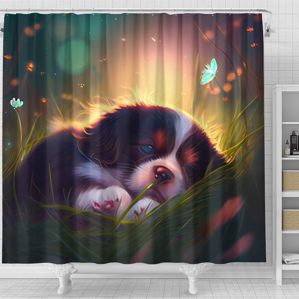 Cute Puppy Shower Curtain - Adorable Dog in Grass Design