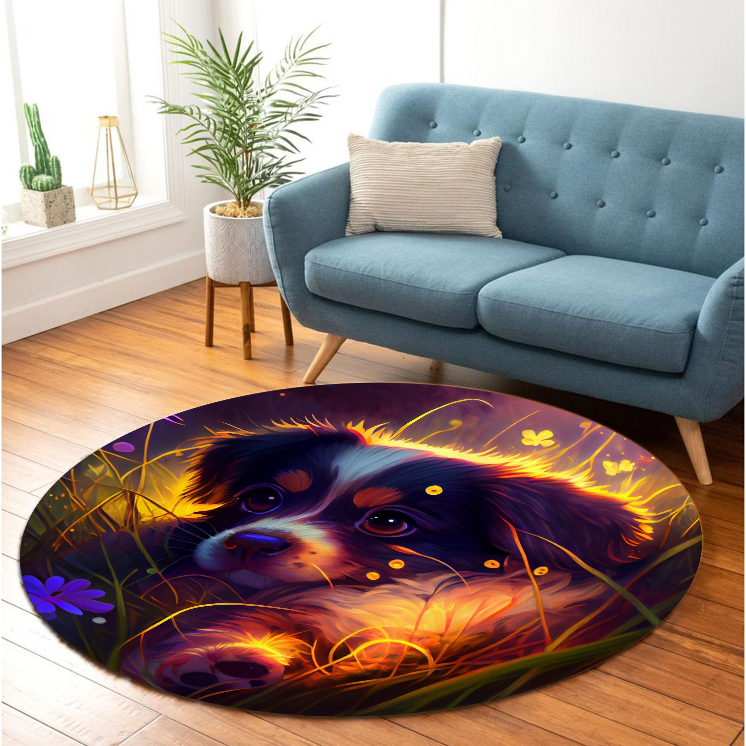 Cute Puppy Round Carpet Rug for Bedroom and Living Room Decor