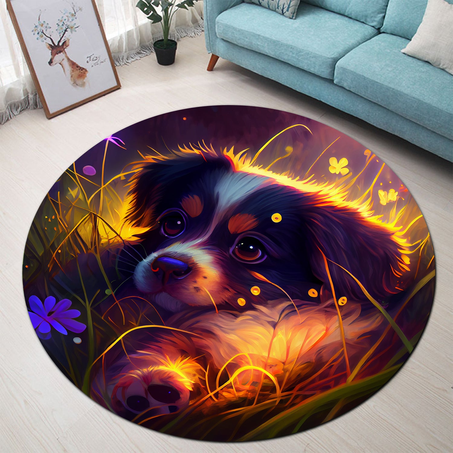 Cute Puppy Round Carpet Rug for Bedroom and Living Room Decor